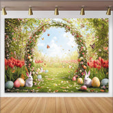 Lofaris Frühlingshafter Blumenbogen Osterhintergrund mit Hasen und Ostereiern, lebendige Fotowand für Frühlingsfest, Fotoshooting und Party
