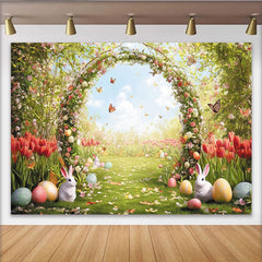 Lofaris Frühlingshafter Blumenbogen Osterhintergrund mit Hasen und Ostereiern, lebendige Fotowand für Frühlingsfest, Fotoshooting und Party