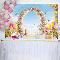 Lofaris Bunter Osterhintergrund mit Hasen Blumenbogen und Ostereiern, Frühlings Kulisse für Party und Fotoshooting