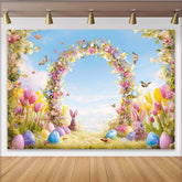 Lofaris Bunter Osterhintergrund mit Hasen Blumenbogen und Ostereiern, Frühlings Kulisse für Party und Fotoshooting