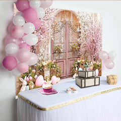 Lofaris Romantischer rosa-weißer Kirschblüten Osterhintergrund, mit verziertem Tor, Ostereiern und Hasen für Frühlingsfotografie