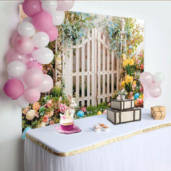 Lofaris Oster Fotohintergrund mit Hasen Ostereiern und Frühlingsblumen, weißem Gartentor, schöne Kulisse für Frühlingsfotoshootings