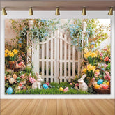 Lofaris Oster Fotohintergrund mit Hasen Ostereiern und Frühlingsblumen, weißem Gartentor, schöne Kulisse für Frühlingsfotoshootings