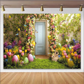 Lofaris Frühlingshafter Osterhintergrund mit Blumen, Ostereiern und Hase, farbenfrohe Fotokulisse für Frühlingsfeste und Fotos