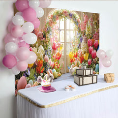 Lofaris Frühlingshafter Osterhintergrund mit bunten Blumen, Hasen und Ostereiern, elegante Fotokulisse für Frühlingspartys und Fotoshootings