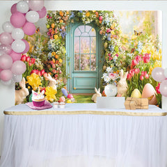 Lofaris Osterhintergrund mit gewölbter Tür, Hasen und bunten Blumen, festliche Frühlings-Fotowand für professionelle Fotoshootings