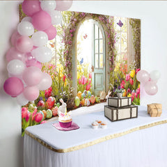 Lofaris Frühlingshafter Osterhintergrund mit bunten Tulpen und bemalten Eiern, weiße Hasen Schmetterlinge idyllische Kulisse für Fotoshooting