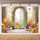 Lofaris Frühlingshafter Osterhintergrund mit bunten Tulpen und bemalten Eiern, weiße Hasen Schmetterlinge idyllische Kulisse für Fotoshooting