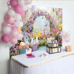 Lofaris Bunter Blumenbogen Osterhintergrund mit Hasen und Ostereiern, lebendige Frühlings-Fotowand für festliche Dekoration