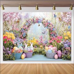 Lofaris Bunter Blumenbogen Osterhintergrund mit Hasen und Ostereiern, lebendige Frühlings-Fotowand für festliche Dekoration