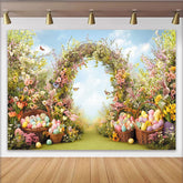 Lofaris Idyllischer Oster-Fotohintergrund mit Blumenbogen und bunten Ostereiern, Frühlingslandschaft für Fotoshootings