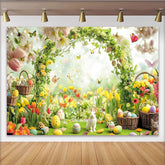 Lofaris Frühlingshafter Osterhintergrund mit bunten Eiern und weißem Hasen, blühende Blumen Schmetterlinge Fotowand für Frühlingsfotoshootings