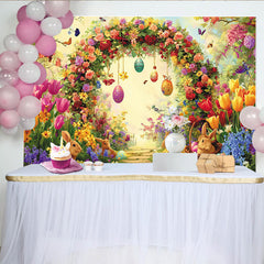 Lofaris Bunter Osterhintergrund mit Blumenbogen Hasen und Ostereiern, frühlingshafte Kulisse für festliche Fotografie und Partydekoration