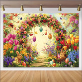 Lofaris Bunter Osterhintergrund mit Blumenbogen Hasen und Ostereiern, frühlingshafte Kulisse für festliche Fotografie und Partydekoration