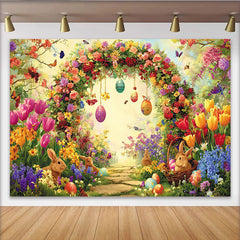 Lofaris Bunter Osterhintergrund mit Blumenbogen Hasen und Ostereiern, frühlingshafte Kulisse für festliche Fotografie und Partydekoration