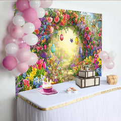 Lofaris Bunter Osterhintergrund mit Blumenbogen Hasen und Ostereiern, frühlingshafte Fotokulisse für festliche Dekoration