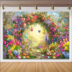 Lofaris Bunter Osterhintergrund mit Blumenbogen Hasen und Ostereiern, frühlingshafte Fotokulisse für festliche Dekoration