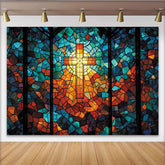 Lofaris Künstlerischer Buntglasfenster Kreuz Hintergrund mit leuchtenden Farben, elegante Fotowand für spirituelle Porträts und Events