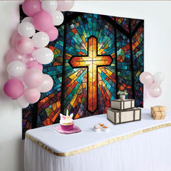 Lofaris Leuchtender Buntglasfenster-Hintergrund mit Kreuz und abstraktem Design, farbenfrohe Kulisse für Fotostudio und Kirche