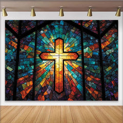 Lofaris Leuchtender Buntglasfenster-Hintergrund mit Kreuz und abstraktem Design, farbenfrohe Kulisse für Fotostudio und Kirche