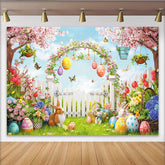 Lofaris Bunter Oster-Frühlingshintergrund mit Hasen, Eiern und Kirschblüten, idyllische Fotokulisse für Frühlingsfeste