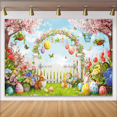 Lofaris Bunter Oster-Frühlingshintergrund mit Hasen, Eiern und Kirschblüten, idyllische Fotokulisse für Frühlingsfeste