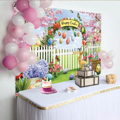 Lofaris Bunter Osterhintergrund mit Hase, Kirschblüten und Ostereiern, frühlingshafte Fotokulisse für Feierlichkeiten