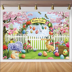 Lofaris Bunter Osterhintergrund mit Hase, Kirschblüten und Ostereiern, frühlingshafte Fotokulisse für Feierlichkeiten