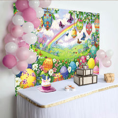 Lofaris Frühlingshafter Osterhintergrund mit bunten Eiern und Regenbogen, wunderschöne Frühlingslandschaft Fotowand für Dekoration