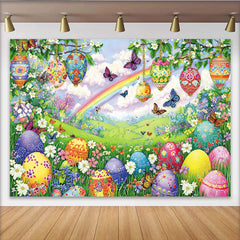 Lofaris Frühlingshafter Osterhintergrund mit bunten Eiern und Regenbogen, wunderschöne Frühlingslandschaft Fotowand für Dekoration