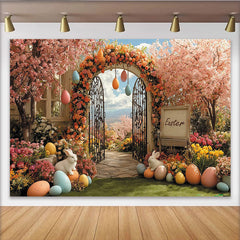 Lofaris Bunter Osterhintergrund mit Kirschblüten Torbogen und Hasen, frühlingshafte Fotowand für festliche Fotoshootings