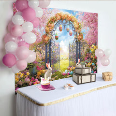 Lofaris Frühlingshafter Osterhintergrund mit rosa Kirschblüten, Hasen und bunten Eiern, idyllische Kulisse für festliche Familienfotoshootings