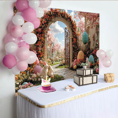 Lofaris Zauberhafter Frühlingslandschaft Hintergrund mit rosa Kirschblüten, bunten Ostereiern und Hasen, ideale Fotokulisse für Feste