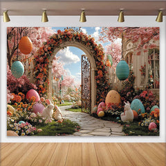Lofaris Zauberhafter Frühlingslandschaft Hintergrund mit rosa Kirschblüten, bunten Ostereiern und Hasen, ideale Fotokulisse für Feste