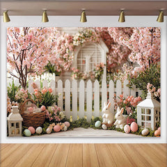 Lofaris Idyllischer Frühlings-Osterhintergrund mit rosa Kirschblüten und Hasen, festliche Fotokulisse für Familienfotos und Frühlings-Shootings