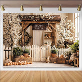 Lofaris Rustikaler Frohe Ostern Hintergrund mit weißen Blüten und Holzbogen, frühlingshafte Kulisse für festliche Familienfotos