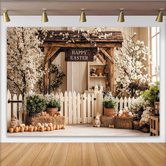 Lofaris Rustikaler Frohe Ostern Hintergrund mit weißen Blüten und Holzbogen, frühlingshafte Kulisse für festliche Familienfotos