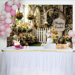 Lofaris Frühlingshafter Osterhintergrund mit Blumen Hasen und Ostereiern, idyllische Gartenkulisse für Fotoshootings und festliche Dekoration