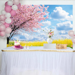 Lofaris Rosa Kirschblüten Frühlingslandschaft Hintergrund mit gelbem Blumenfeld, lebendige Fotokulisse für Fotoshootings und Eventdekoration