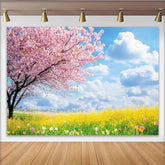 Lofaris Rosa Kirschblüten Frühlingslandschaft Hintergrund mit gelbem Blumenfeld, lebendige Fotokulisse für Fotoshootings und Eventdekoration