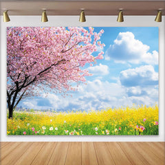 Lofaris Rosa Kirschblüten Frühlingslandschaft Hintergrund mit gelbem Blumenfeld, lebendige Fotokulisse für Fotoshootings und Eventdekoration