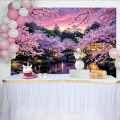 Lofaris Romantischer rosa Kirschblütenlandschaft Hintergrund mit Brücke, idyllische Kulisse für professionelles Fotostudio