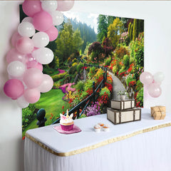 Lofaris Idyllischer Gartenlandschaft Fotohintergrund mit bunten Blumen, als lebendige Kulisse für professionelle Naturfotografie