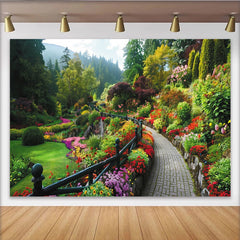Lofaris Idyllischer Gartenlandschaft Fotohintergrund mit bunten Blumen, als lebendige Kulisse für professionelle Naturfotografie