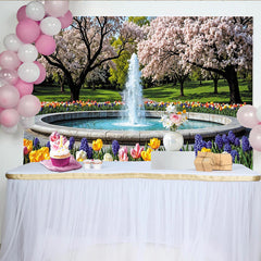 Lofaris Idyllischer Frühlingslandschaft Fotohintergrund mit Kirschblüten und Brunnen, lebendige Kulisse für Fotoshootings im Studio und Freien