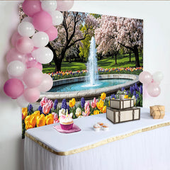 Lofaris Idyllischer Frühlingslandschaft Fotohintergrund mit Kirschblüten und Brunnen, lebendige Kulisse für Fotoshootings im Studio und Freien