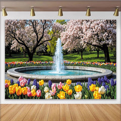 Lofaris Idyllischer Frühlingslandschaft Fotohintergrund mit Kirschblüten und Brunnen, lebendige Kulisse für Fotoshootings im Studio und Freien