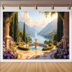 Lofaris Romantischer Gartenlandschaft Hintergrund mit Brunnen und See, elegante Fotokulisse für professionelle Porträts und Events