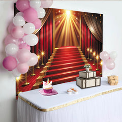 Lofaris Roter Teppich Fotohintergrund mit goldenen Lichtern und Bühne, elegante Kulisse für glamouröse Events und professionelle Fotoshootings