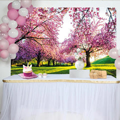 Lofaris Wunderschöner rosa Kirschblüten-Fotohintergrund mit grüner Wiese, idyllische Kulisse für Frühlingsfotoshootings und Porträts